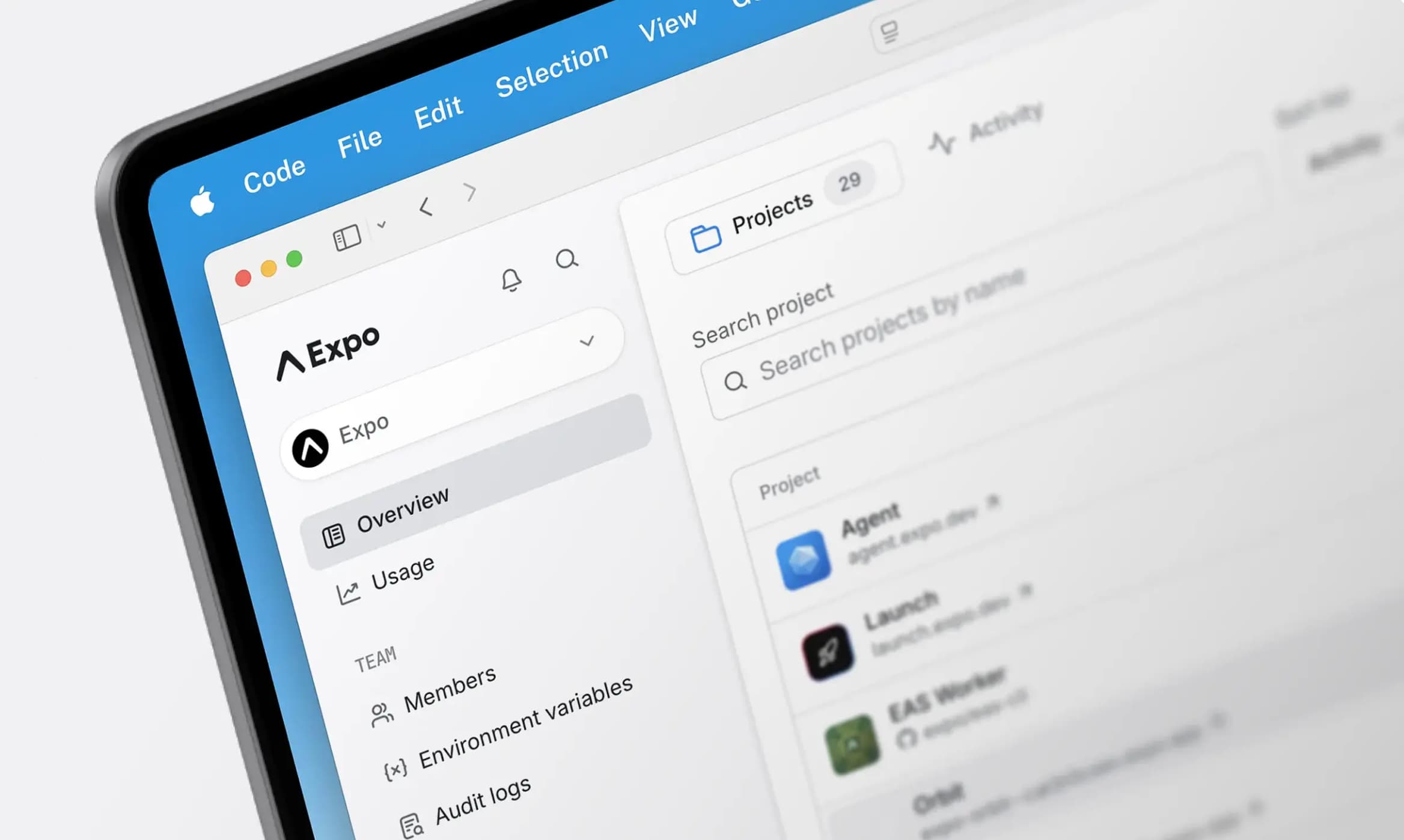 Expo dashboard for publishing mobile apps